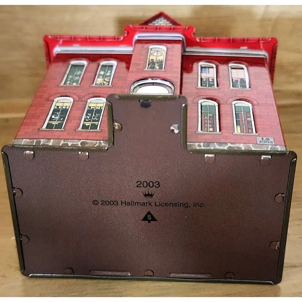 2003 Hallmark Schoolhouse and Flagpole Tin House Keepsake Ornament In Box